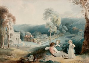 Enfants dans un paysage avec église